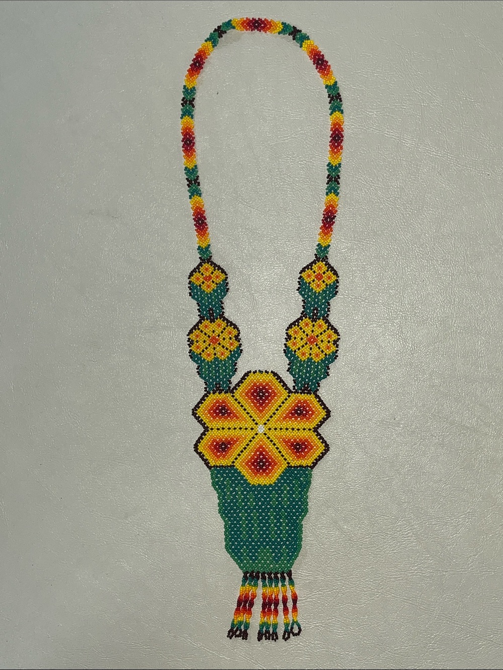 Handmade Beaded Maasai Floral Necklace in Green, Yellow and Red